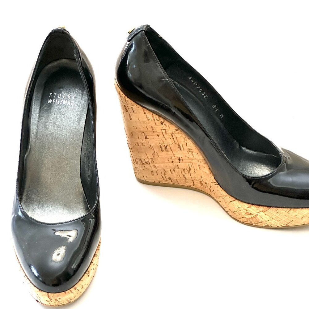 Stuart Weitzman Women's Corkswoon Wedge Pump, Black Patent, Size 8.5 M